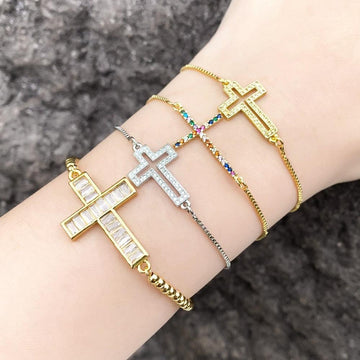 New Cubic Zirconia Crystals Sideways Jesus Cross Adjustable Gold Plated Bracelet with Cross Religious Jewellery - The Jewellery Supermarket